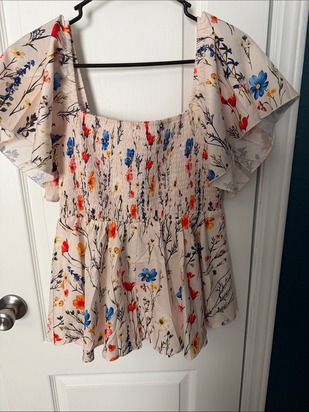 Smocked Square-Neck Floral Tunic Top - Beige Floral - Picture 3 of 3